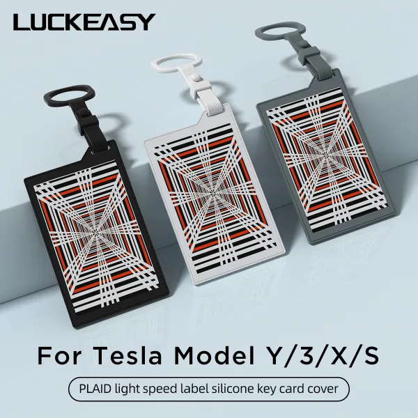 LUCKEASY for Tesla Model 3 Y X S Car Key Card Holder Protector Cover Auto Accessories PLAID Light Speed Label 