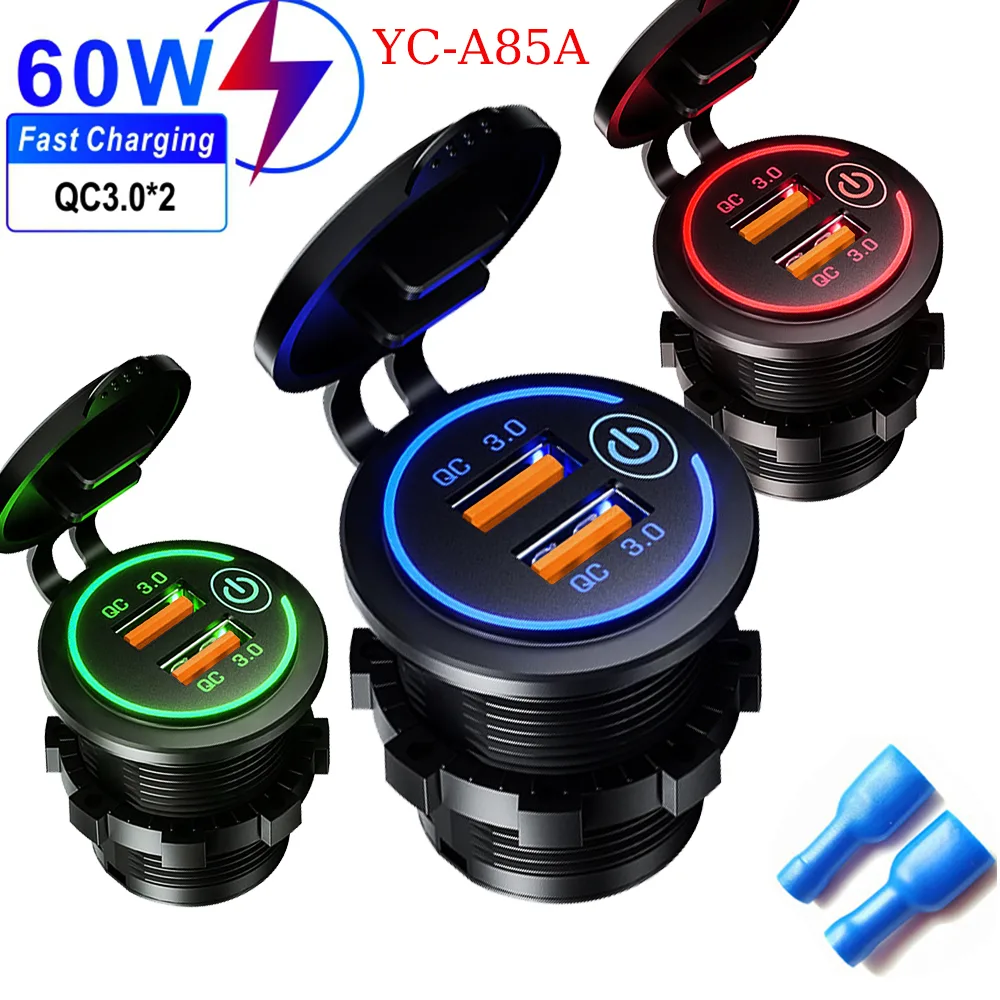 60W 2-port USB Fast Charging Socket Power Outlet Car Modified Charger QC3.0 With Touch Switch for Auto Motorcy