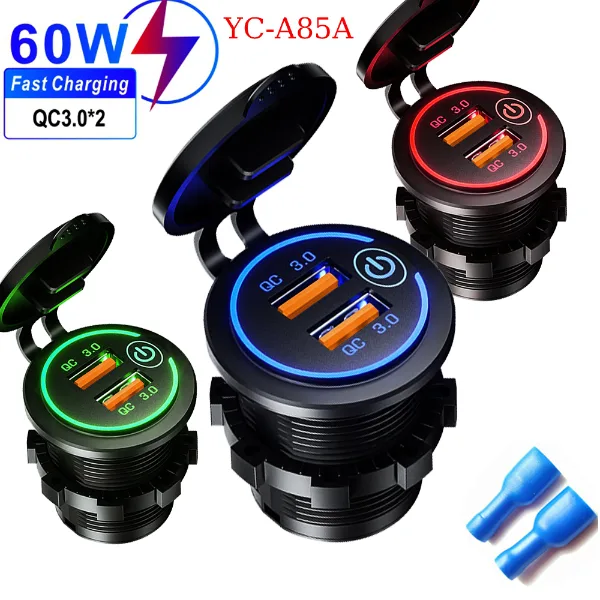 60W 2-port USB Fast Charging Socket Power Outlet Car Modified Charger QC3.0 With Touch Switch for Auto Motorcy