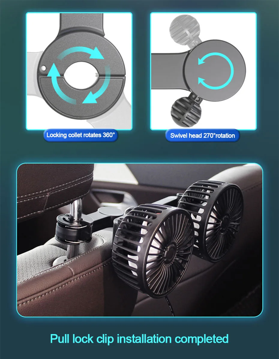 3-speed Car Seat Back Cooling Fan USB Charge Dual Head Fan 360 Degree Rotation Neck Cooler for Summer Car Acce