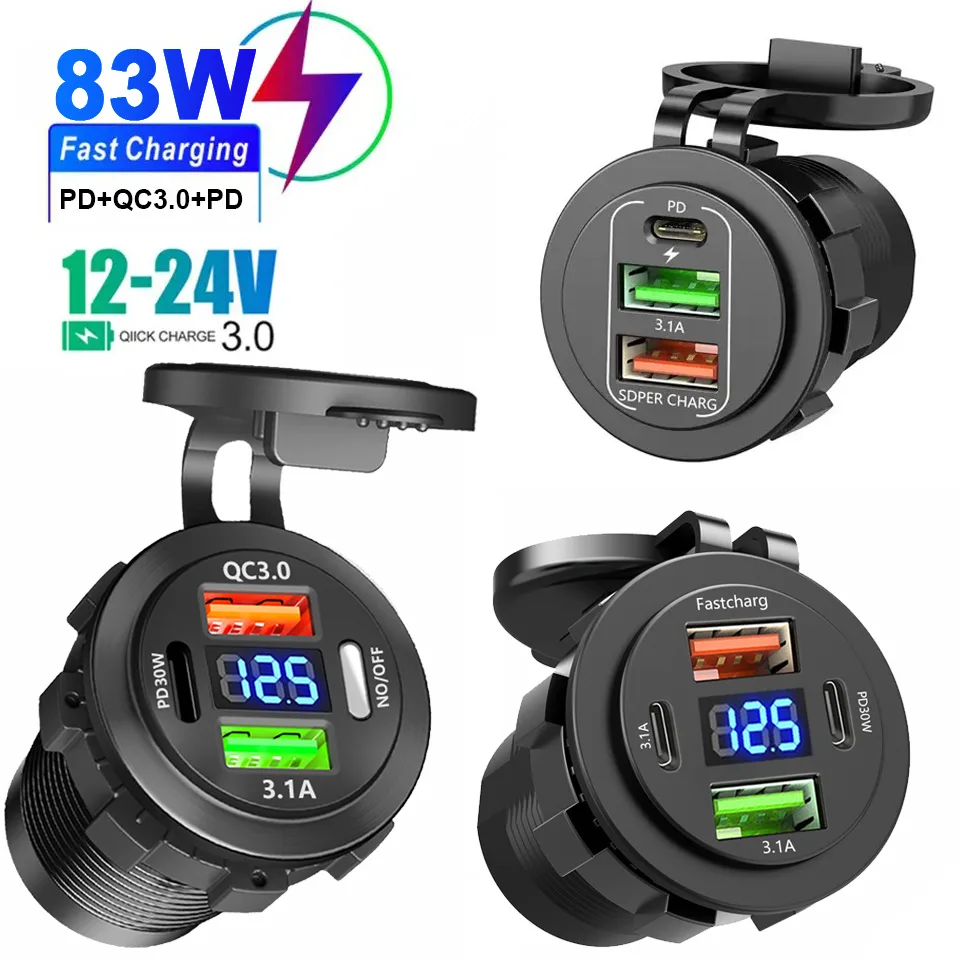 New Car USB Charger PD3.0 & QC3.0 Fast Charging Socket with Voltmeter On/Off Switch 12/24V For Motorcycle Boat