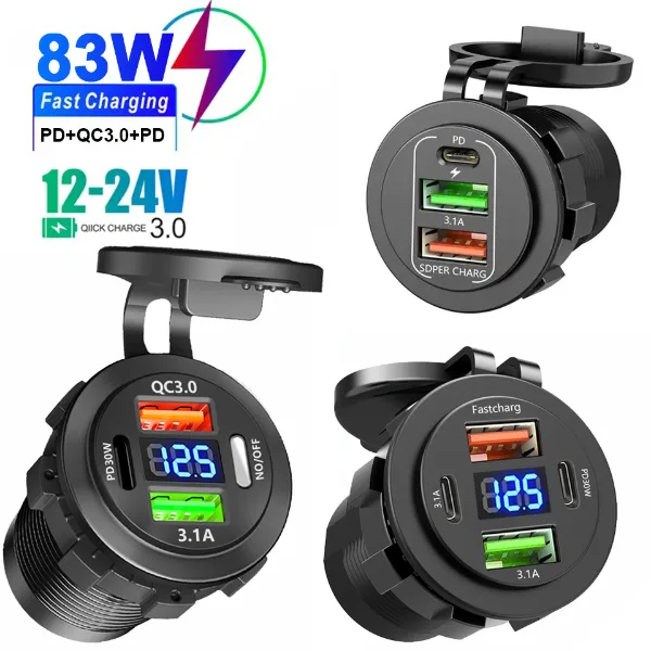 New Car USB Charger PD3.0 & QC3.0 Fast Charging Socket with Voltmeter On/Off Switch 12/24V For Motorcycle Boat