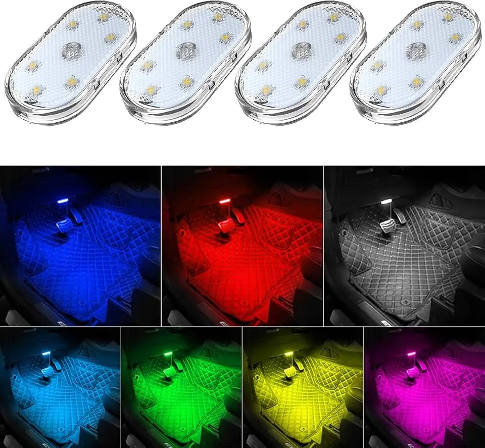 4Pcs Car LED Lights Interior Wireless, 7 Colors Interior Car Lights with 6 Bright LED Lamp Beads, Portable USB