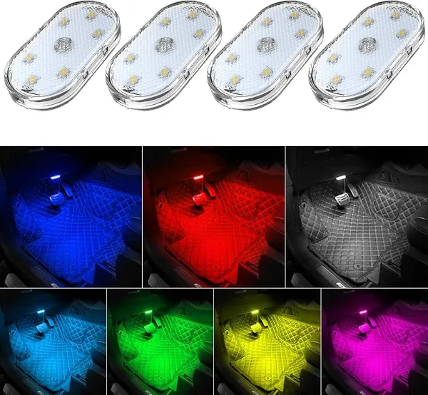 4Pcs Car LED Lights Interior Wireless, 7 Colors Interior Car Lights with 6 Bright LED Lamp Beads, Portable USB