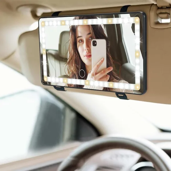 JOYTUTUS Car Sun Visor Vanity Mirror with Lights, 3 Light Modes & 60 LEDs, Rechargeable Dimmable Touch Control
