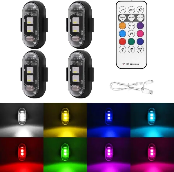 4PCS Wireless LED Strobe Lights with Remote Control, 8 Colors USB Charging Waterproof Anti-Collision Led Emerg