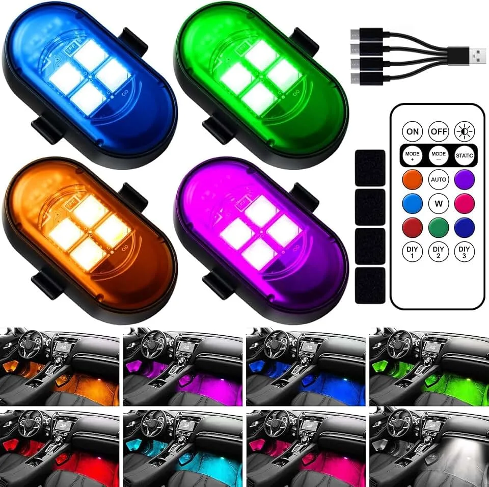 Upgraded Wireless LED Lights for Car, Rechargeable Interior Car Lights with 8 Colors Brightness Adjustable, 12